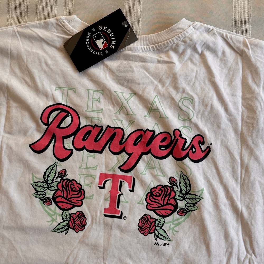 Majestic Texas Rangers Pocket T-Shirt White Floral Rose Graphic MLB XLarge